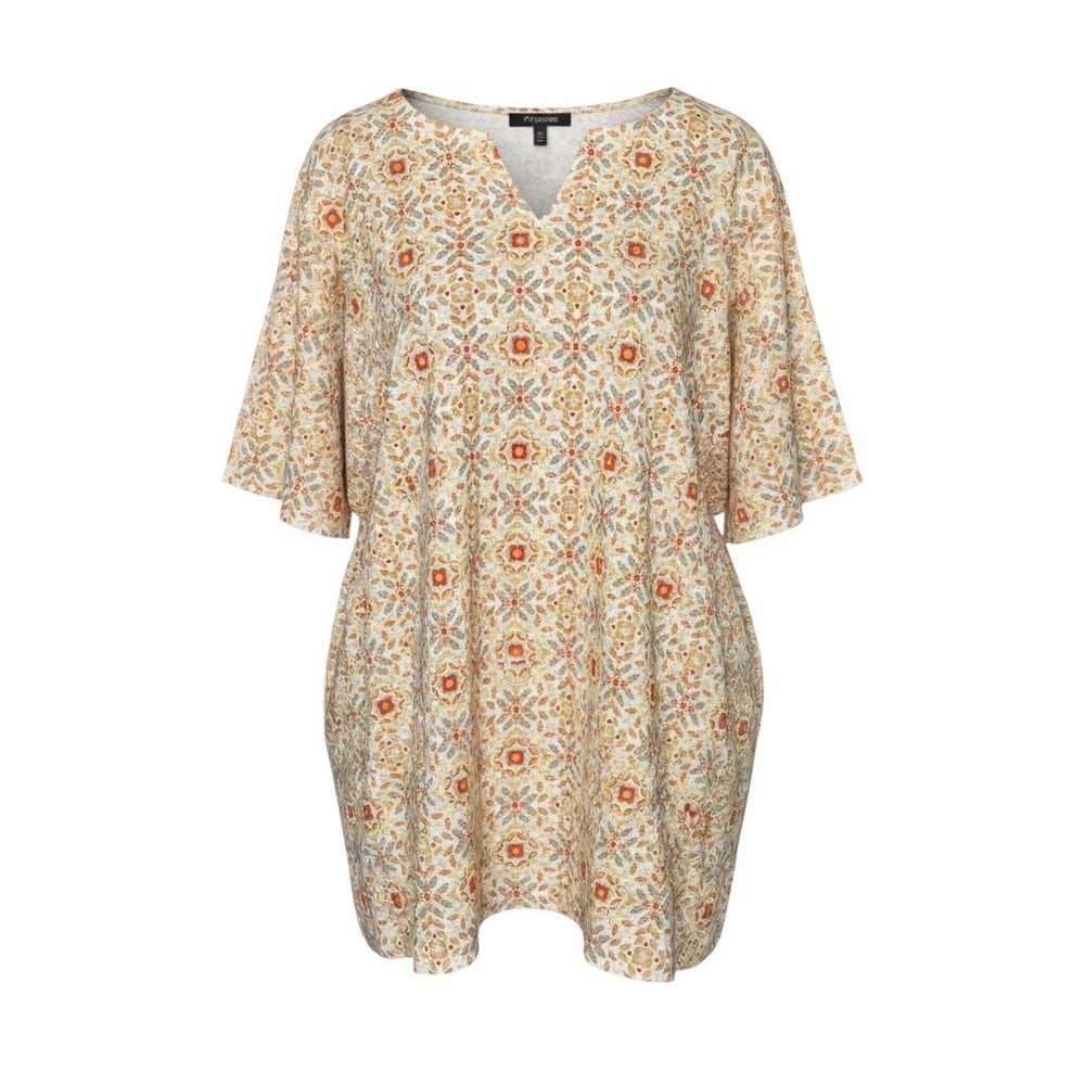 Croft & Barrow Womens Plus 2X Orange Floral Medallion Split Neck‎ Cotton Top